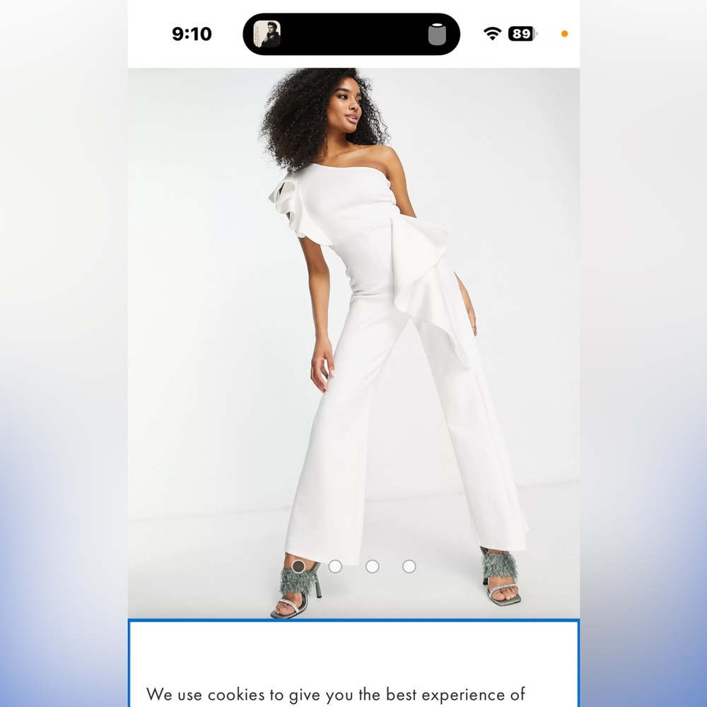 True Violet, white, off the shoulder jumpsuit.